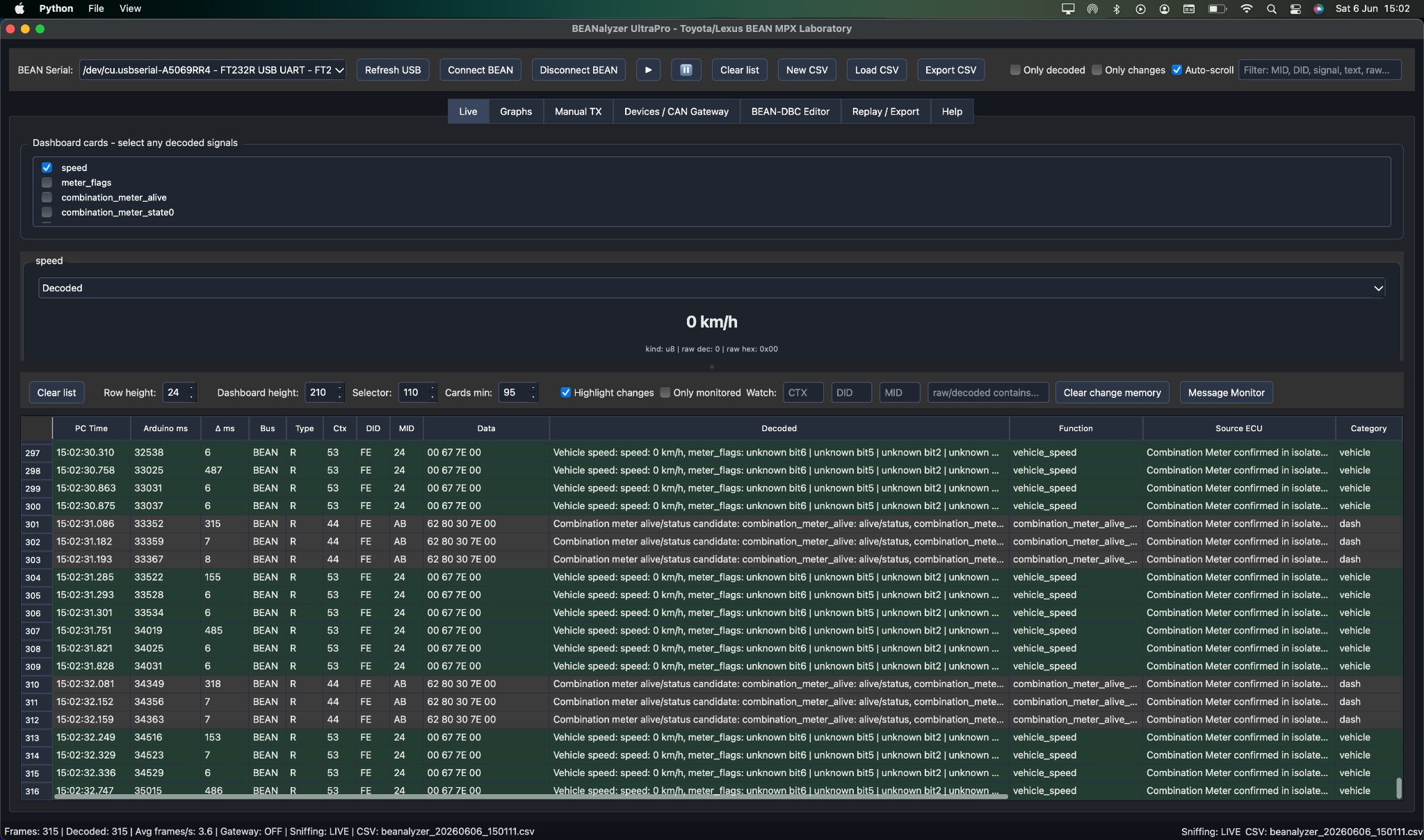 BEANalyzer UltraPro live capture dashboard and decoded message list