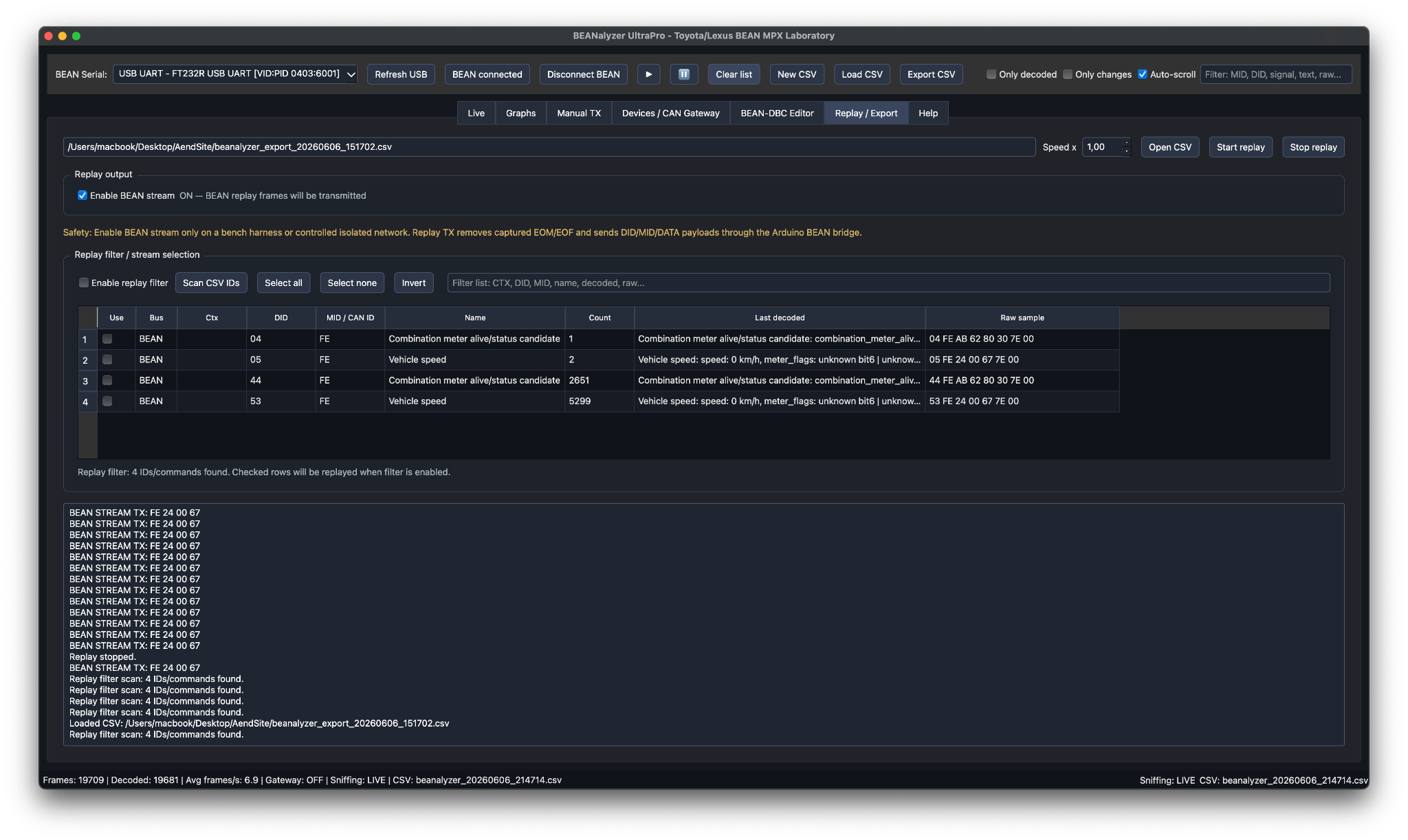 BEANalyzer UltraPro replay and export panel for captured sniffer data