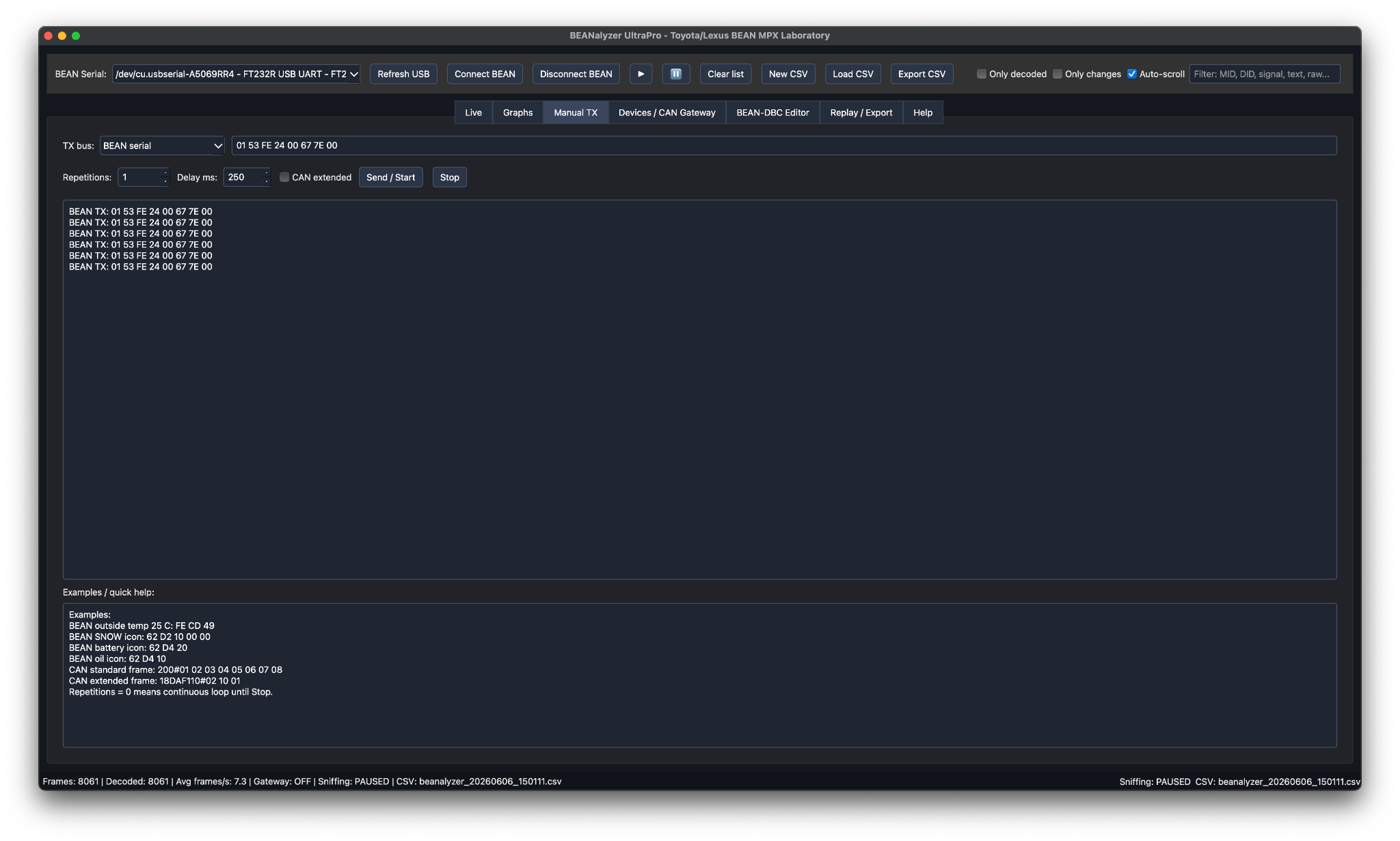 BEANalyzer UltraPro manual BEAN command transmission panel