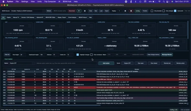 Animated preview of BEANalyzer UltraPro 5 Lab Workbench interacting with decoded BEAN commands and values