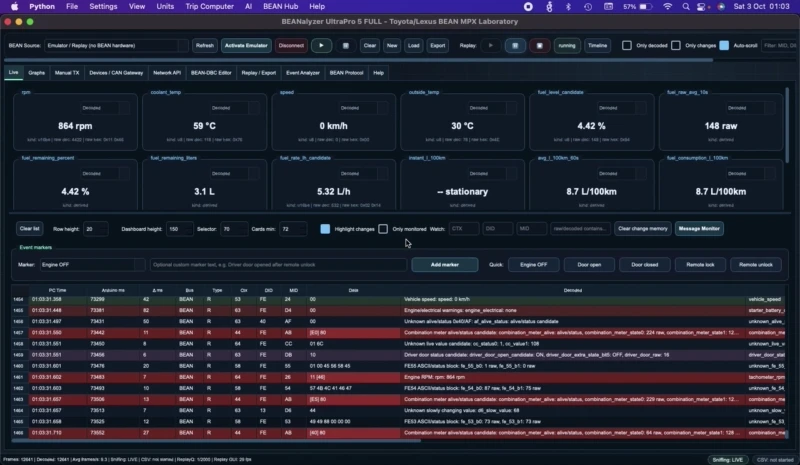 Animated preview of BEANalyzer UltraPro 5 Timeline replay interface